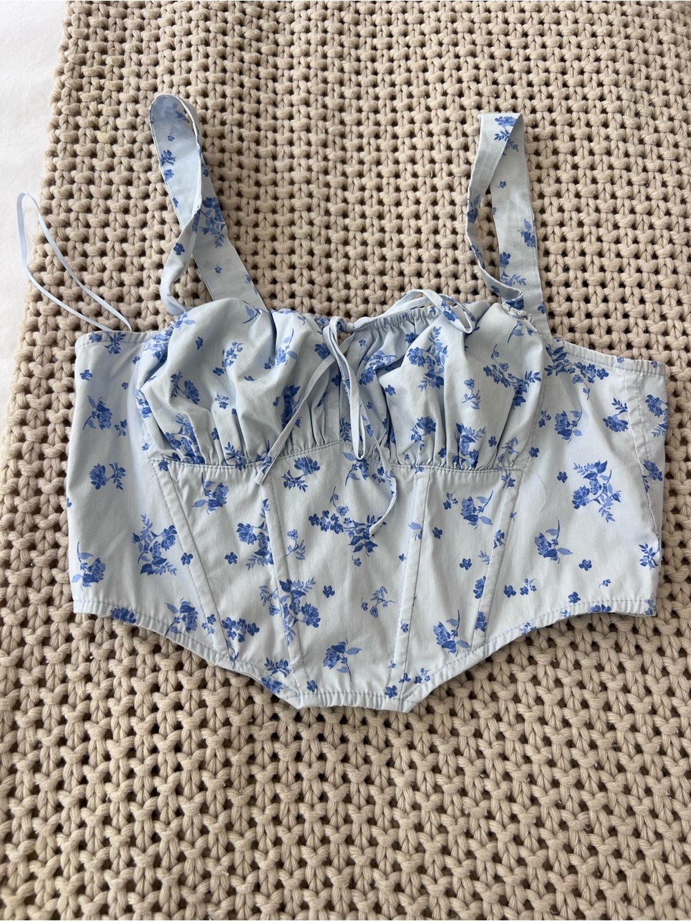 Cotton Candy Light Blue Floral Tie-Front Corset Crop Top